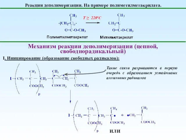 Реакции деполимеризации. На примере полиметилметакрилата. Т ≥ 220оС Механизм реакции деполимеризации