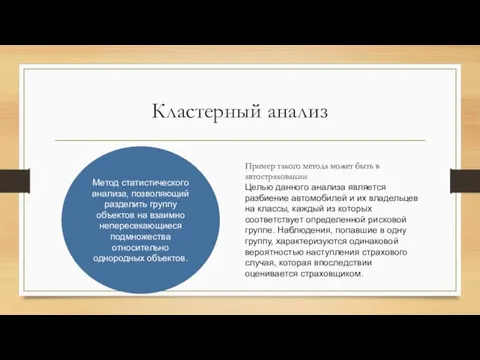 Кластерный анализ Метод статистического анализа, позволяющий разделить группу объектов на взаимно