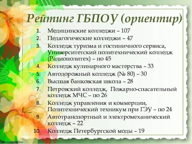 Медицинские колледжи – 107 Педагогические колледжи – 47 Колледж туризма и