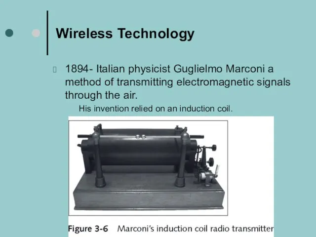 Wireless Technology 1894- Italian physicist Guglielmo Marconi a method of transmitting