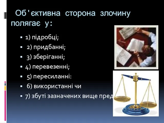 Об'єктивна сторона злочину полягає у: 1) підробці; 2) придбанні; 3) зберіганні;