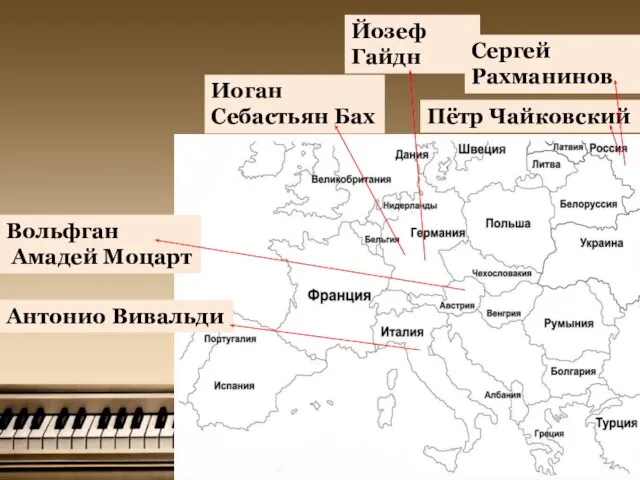 Антонио Вивальди Иоган Себастьян Бах Йозеф Гайдн Пётр Чайковский Сергей Рахманинов Вольфган Амадей Моцарт