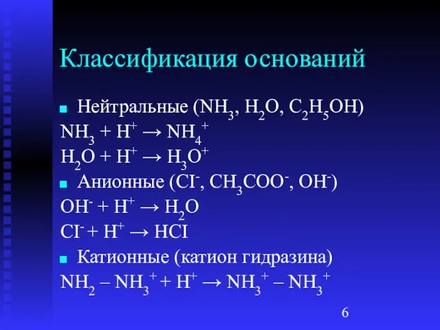 Классификация оснований Нейтральные (NH3, H2O, C2H5OH) NH3 + H+ → NH4+