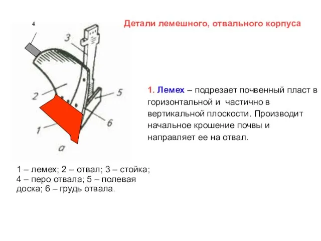 1. Лемех – подрезает почвенный пласт в горизонтальной и частично в