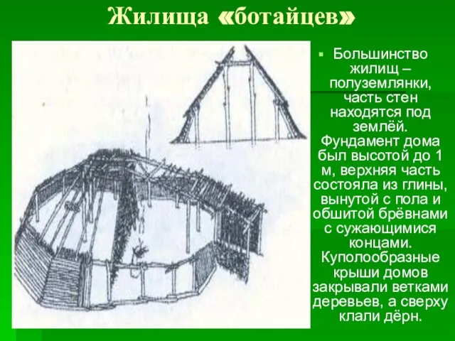 Жилища «ботайцев» Большинство жилищ – полуземлянки, часть стен находятся под землёй.