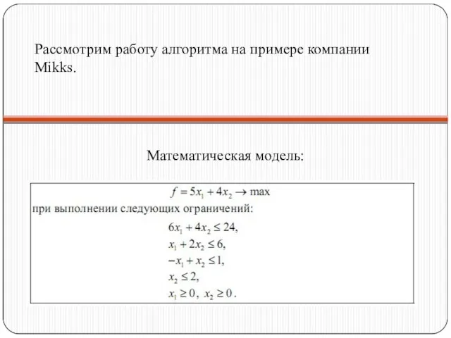 Рассмотрим работу алгоритма на примере компании Mikks. Математическая модель: