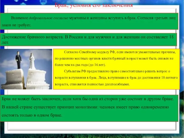 Брак, условия его заключения Взаимное добровольное согласие мужчины и женщины вступить