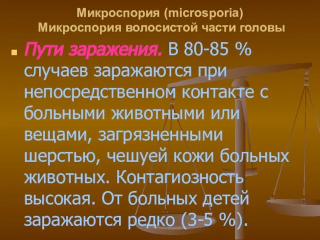 Микроспория (microsporia) Микроспория волосистой части головы Пути заражения. В 80-85 %