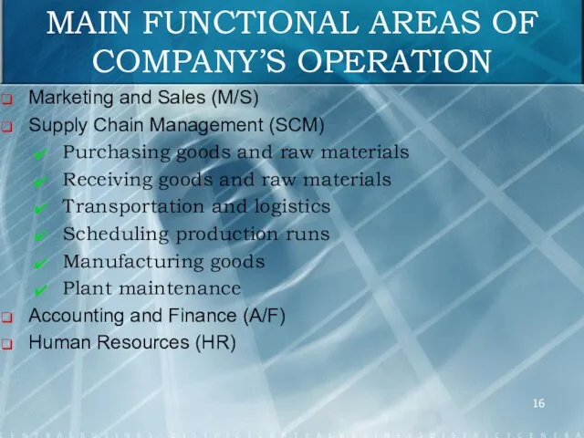 MAIN FUNCTIONAL AREAS OF COMPANY’S OPERATION Marketing and Sales (M/S) Supply