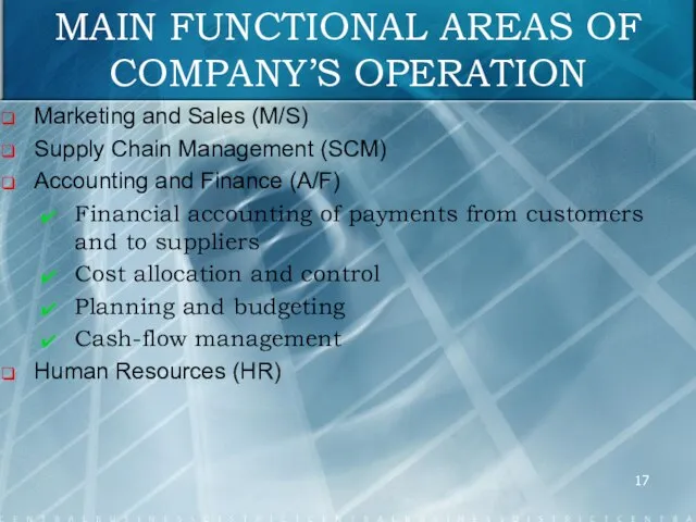 MAIN FUNCTIONAL AREAS OF COMPANY’S OPERATION Marketing and Sales (M/S) Supply