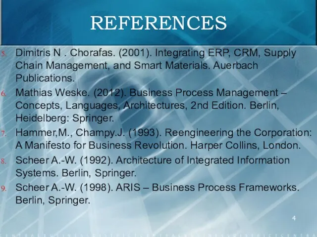 REFERENCES Dimitris N . Chorafas. (2001). Integrating ERP, CRM, Supply Chain