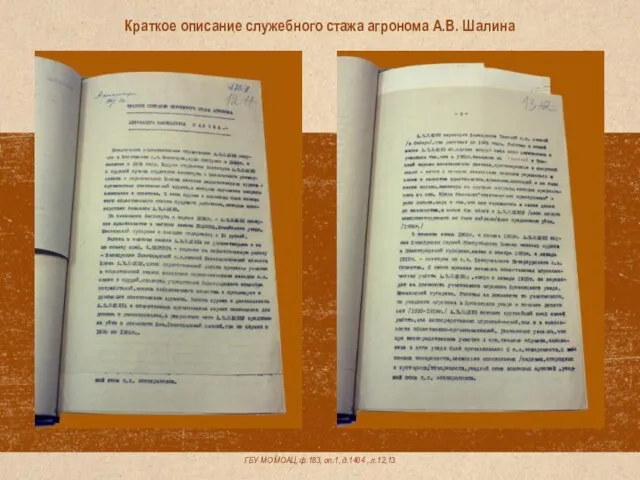 ГБУ МО МОАЦ, ф.183, оп.1, д.1404 , л.12,13 Краткое описание служебного стажа агронома А.В. Шалина