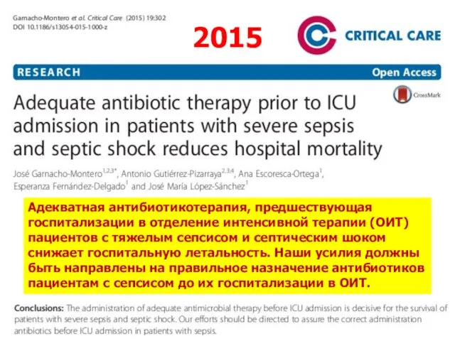 2015 Адекватная антибиотикотерапия, предшествующая госпитализации в отделение интенсивной терапии (ОИТ) пациентов