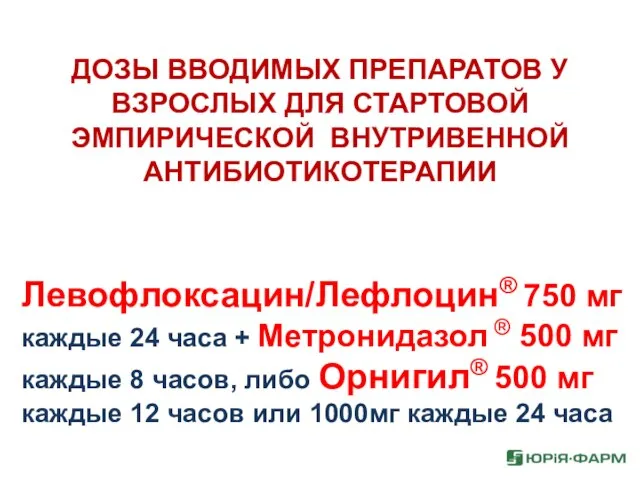 ДОЗЫ ВВОДИМЫХ ПРЕПАРАТОВ У ВЗРОСЛЫХ ДЛЯ СТАРТОВОЙ ЭМПИРИЧЕСКОЙ ВНУТРИВЕННОЙ АНТИБИОТИКОТЕРАПИИ Левофлоксацин/Лефлоцин®