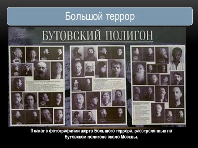 Плакат с фотографиями жертв Большого террора, расстрелянных на Бутовском полигоне около Москвы.