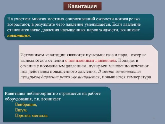 Кавитация На участках многих местных сопротивлений скорости потока резко возрастают, в