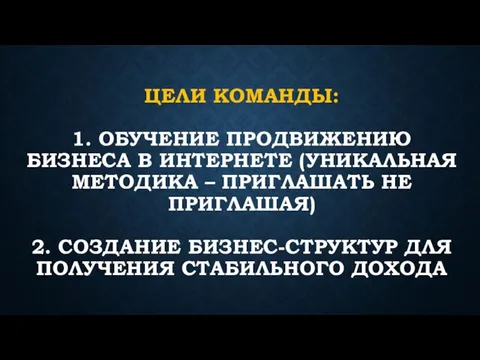 ЦЕЛИ КОМАНДЫ: 1. ОБУЧЕНИЕ ПРОДВИЖЕНИЮ БИЗНЕСА В ИНТЕРНЕТЕ (УНИКАЛЬНАЯ МЕТОДИКА –