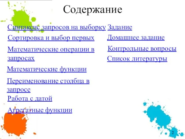 Содержание Синтаксис запросов на выборку Сортировка и выбор первых Математические операции