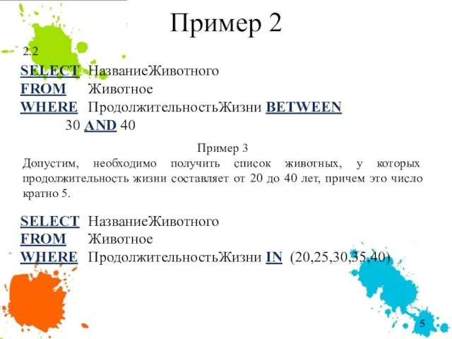 Пример 2 2.2 SELECT НазваниеЖивотного FROM Животное WHERE ПродолжительностьЖизни BETWEEN 30