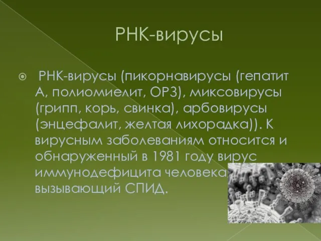 РНК-вирусы РНК-вирусы (пикорнавирусы (гепатит A, полиомиелит, ОРЗ), миксовирусы (грипп, корь, свинка),