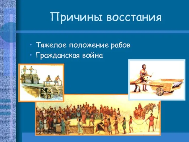 Причины восстания Тяжелое положение рабов Гражданская война