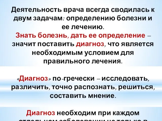 Деятельность врача всегда сводилась к двум задачам: определению болезни и ее