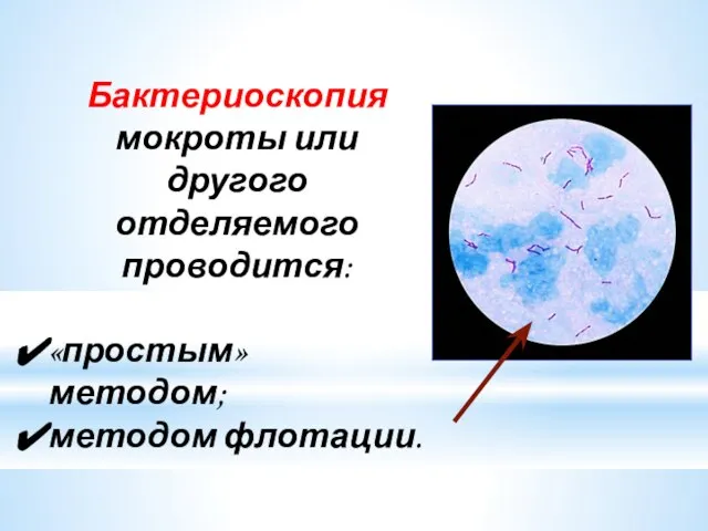 Бактериоскопия мокроты или другого отделяемого проводится: «простым» методом; методом флотации.