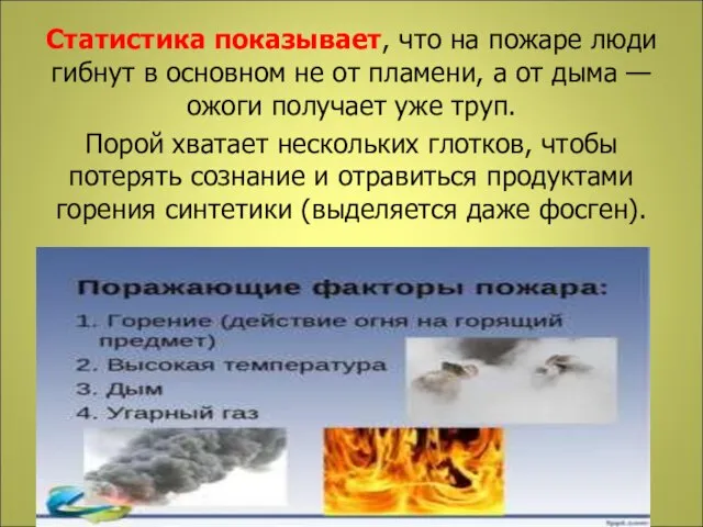 Статистика показывает, что на пожаре люди гибнут в основном не от