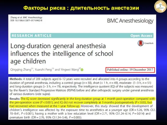 Факторы риска : длительность анестезии