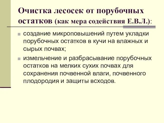 Очистка лесосек от порубочных остатков (как мера содействия Е.В.Л.): создание микроповышений