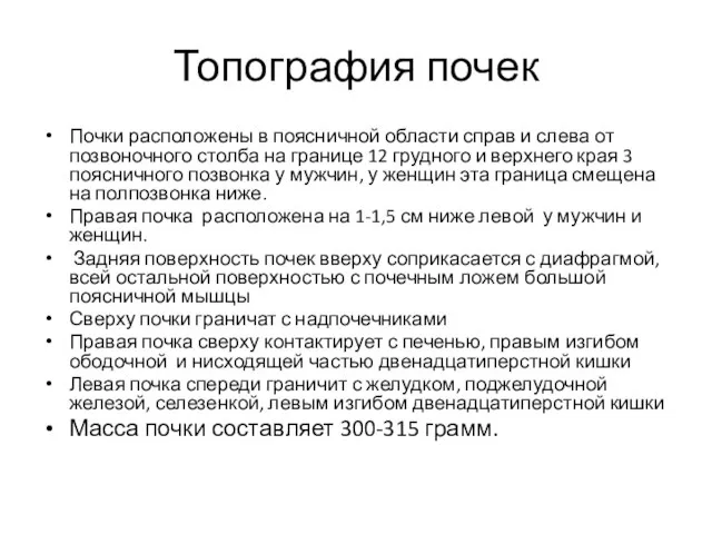 Топография почек Почки расположены в поясничной области справ и слева от