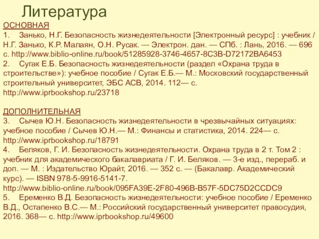 Литература ОСНОВНАЯ 1. Занько, Н.Г. Безопасность жизнедеятельности [Электронный ресурс] : учебник