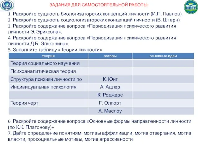 ЗАДАНИЯ ДЛЯ САМОСТОЯТЕЛЬНОЙ РАБОТЫ: 1. Раскройте сущность биологизаторских концепций личности (И.П.