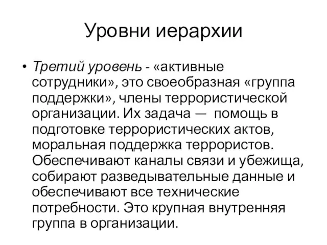 Уровни иерархии Третий уровень - «активные сотрудники», это своеобразная «группа поддержки»,