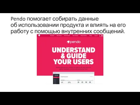 Pendo помогает собирать данные об использовании продукта и влиять на его работу с помощью внутренних сообщений.