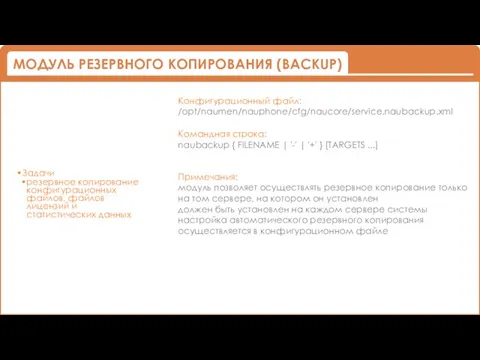 Задачи резервное копирование конфигурационных файлов, файлов лицензий и статистических данных Конфигурационный