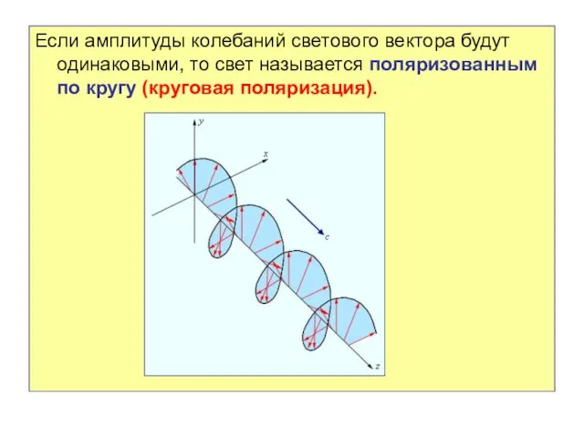 Если амплитуды колебаний светового вектора будут одинаковыми, то свет называется поляризованным по кругу (круговая поляризация).