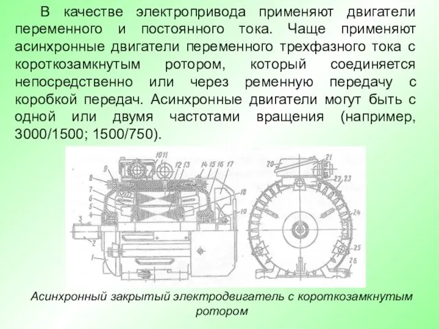 В качестве электропривода применяют двигатели переменного и постоянного тока. Чаще применяют