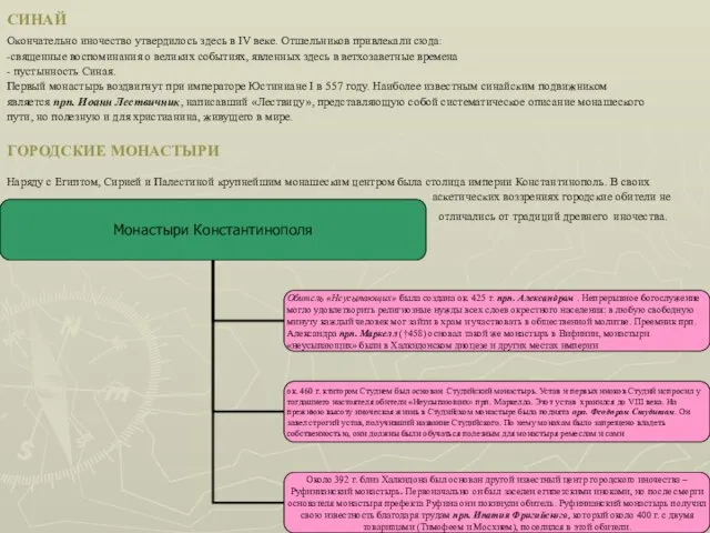 СИНАЙ Окончательно иночество утвердилось здесь в IV веке. Отшельников привлекали сюда: