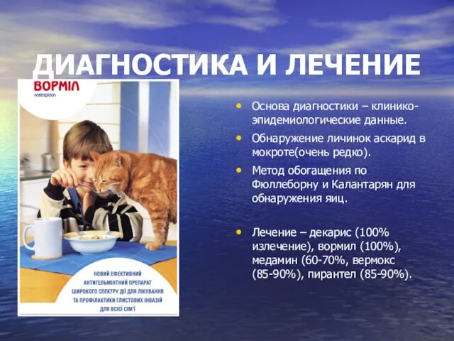 ДИАГНОСТИКА И ЛЕЧЕНИЕ Основа диагностики – клинико-эпидемиологические данные. Обнаружение личинок аскарид