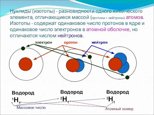 Нуклиды (изотопы) - разновидности одного химического элемента, отличающиеся массой (протоны +