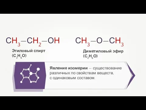 Явление изомерии — существование различных по свойствам веществ, с одинаковым составом.