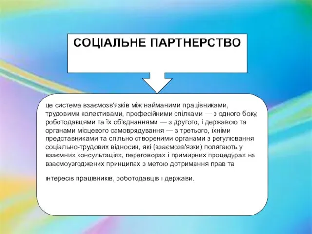 СОЦІАЛЬНЕ ПАРТНЕРСТВО це система взаємозв'язків між найманими працівниками, трудовими колективами, професійними