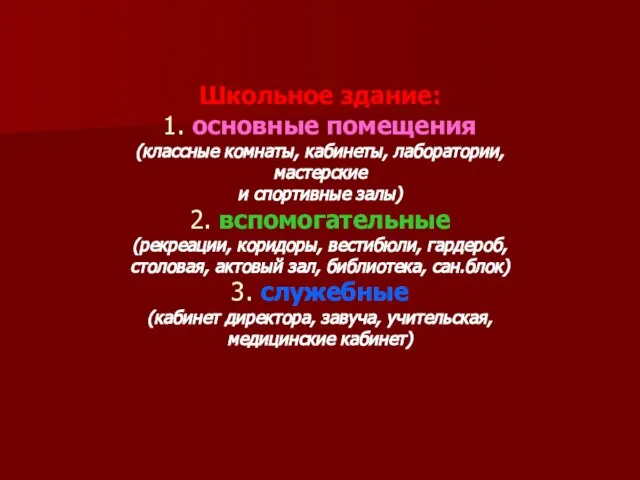 Школьное здание: 1. основные помещения (классные комнаты, кабинеты, лаборатории, мастерские и