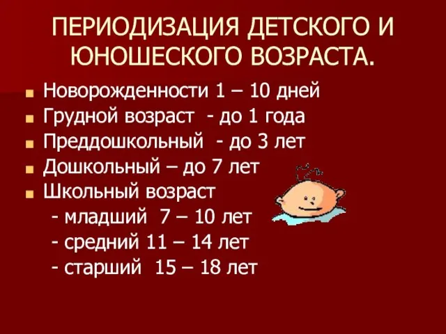 ПЕРИОДИЗАЦИЯ ДЕТСКОГО И ЮНОШЕСКОГО ВОЗРАСТА. Новорожденности 1 – 10 дней Грудной