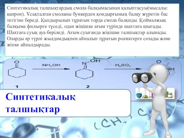 Синтетикалық талшықтар Синтетикалық талшықтардың смола балқымасынан қалыптасуы(мысалы: капрон). Ұсақталған смоланы бункерден