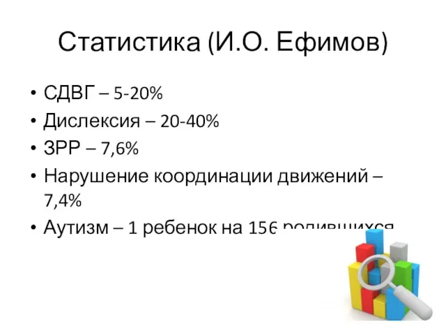 Статистика (И.О. Ефимов) СДВГ – 5-20% Дислексия – 20-40% ЗРР –