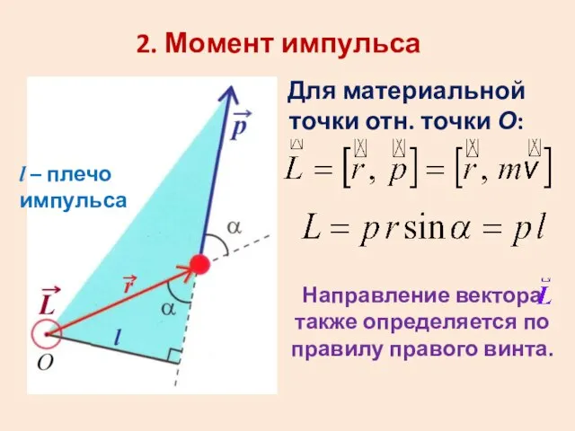 2. Момент импульса l – плечо импульса Для материальной точки отн.