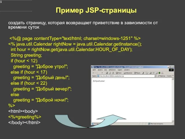 Пример JSP-страницы создать страницу, которая возвращает приветствие в зависимости от времени