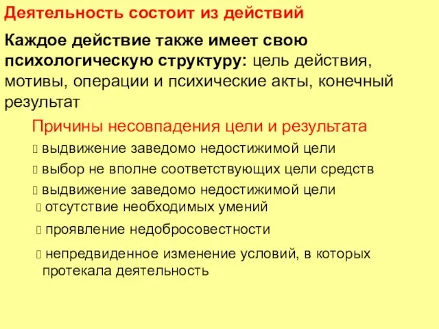 Деятельность состоит из действий Каждое действие также имеет свою психологическую структуру: